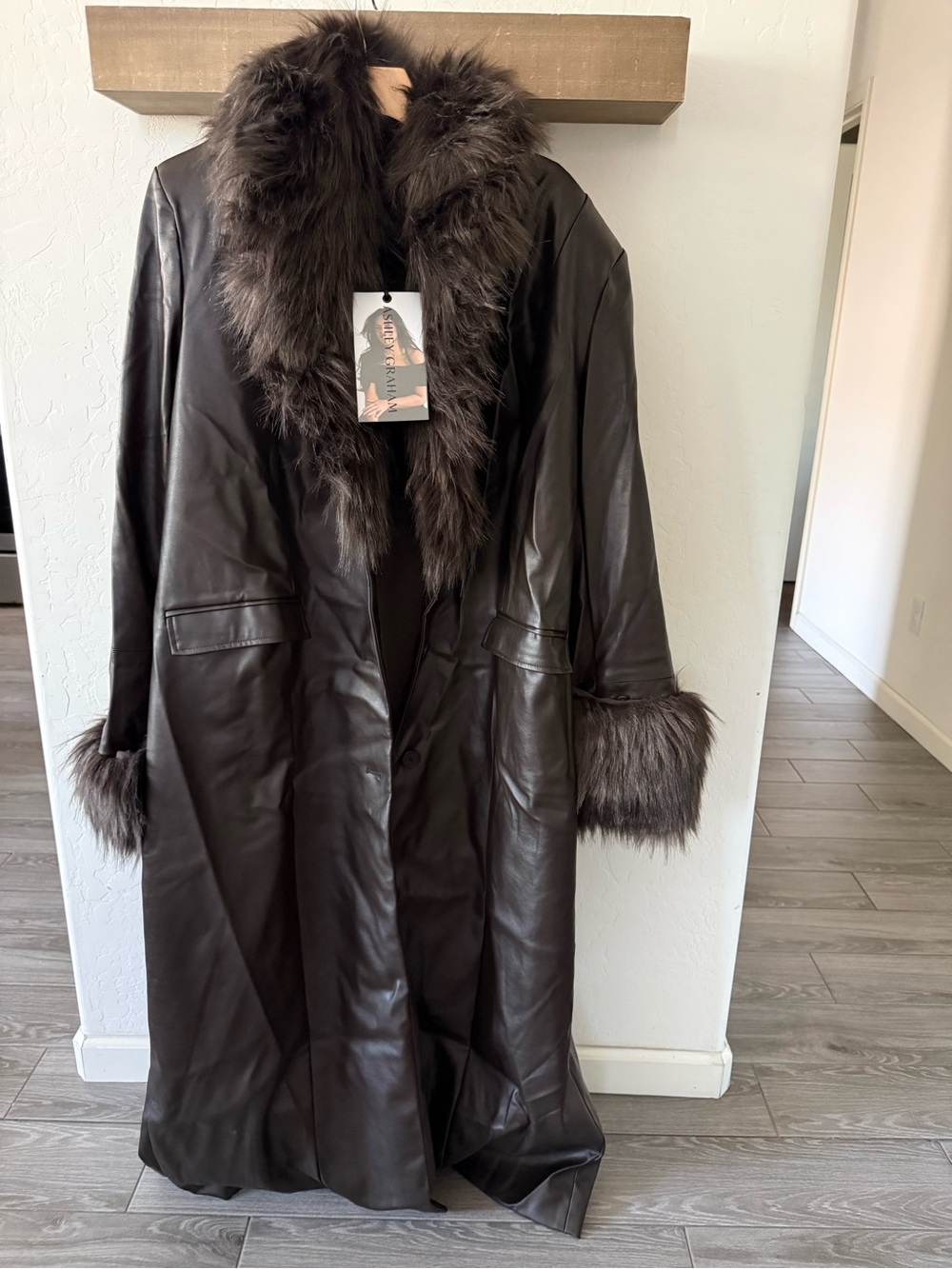 Ashley Graham|Chocolate Brown Faux Fur Trim Long Leather Trench Coat,y2K Style•